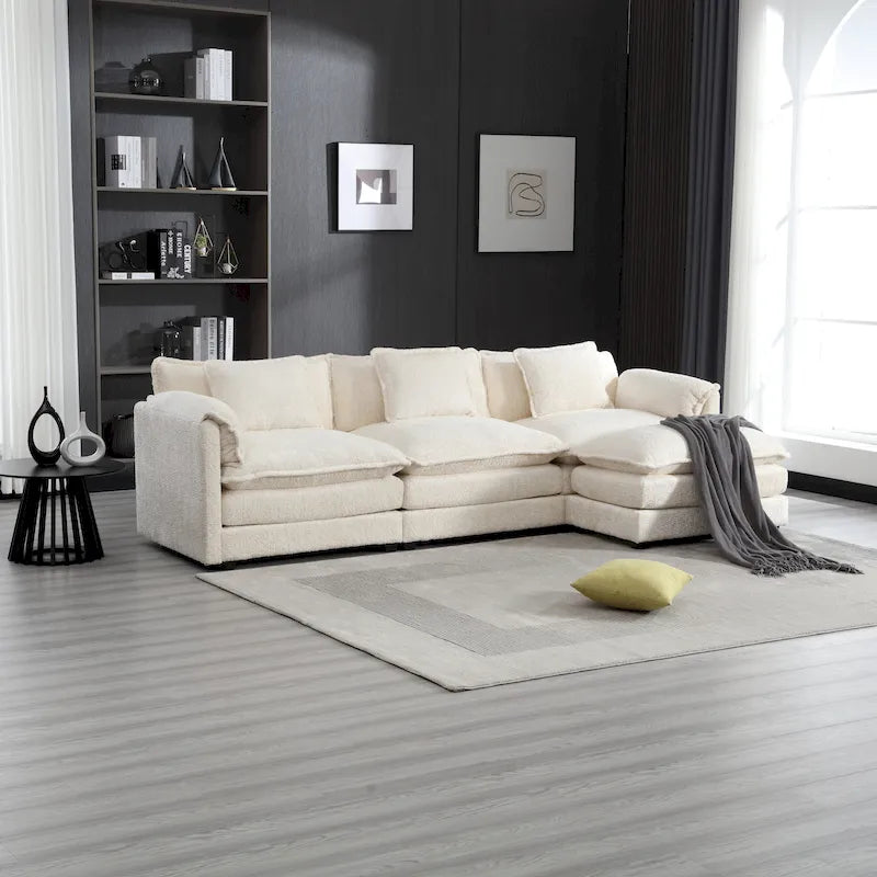 Beige 112.2 L-Shape 4-Seater Sectional Sofa in Modern Boucle Fabric with Removable Cushions and Detachable Armrests