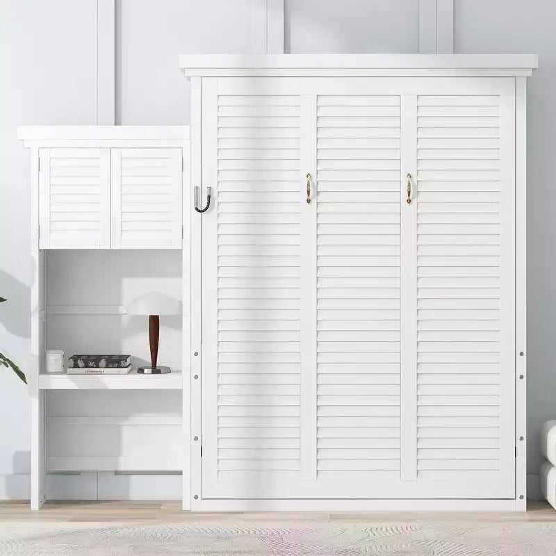 Whisen Queen Size Murphy Bed with Multiple Storage Shelves and Louvered Style Decoration