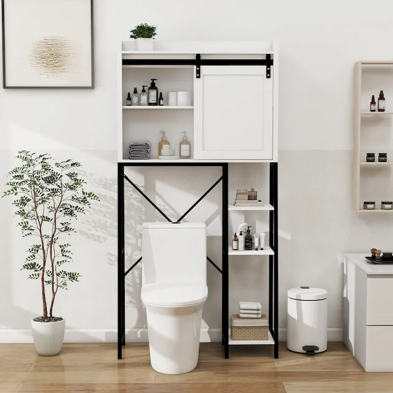 Over-Toilet Storage Cabinet with Sliding Barn Door and Open Side Shelves, White