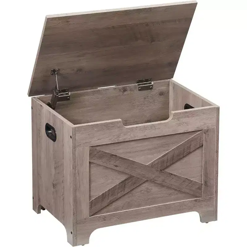 Wooden Storage Bench with Safety Hinge, Multi-Use Seat and Organizer with Side Handles
