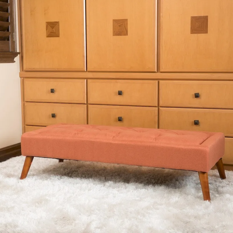 Tufted Fabric Ottoman Bench with Wooden Legs