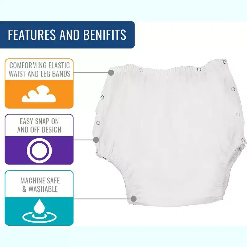 MABIS Waterproof Incontinence Underwear for Disabled, Elderly, Handicapped, Potty Training, Pregnancy or Postpartum, Snap On, Large 38-44 Inches