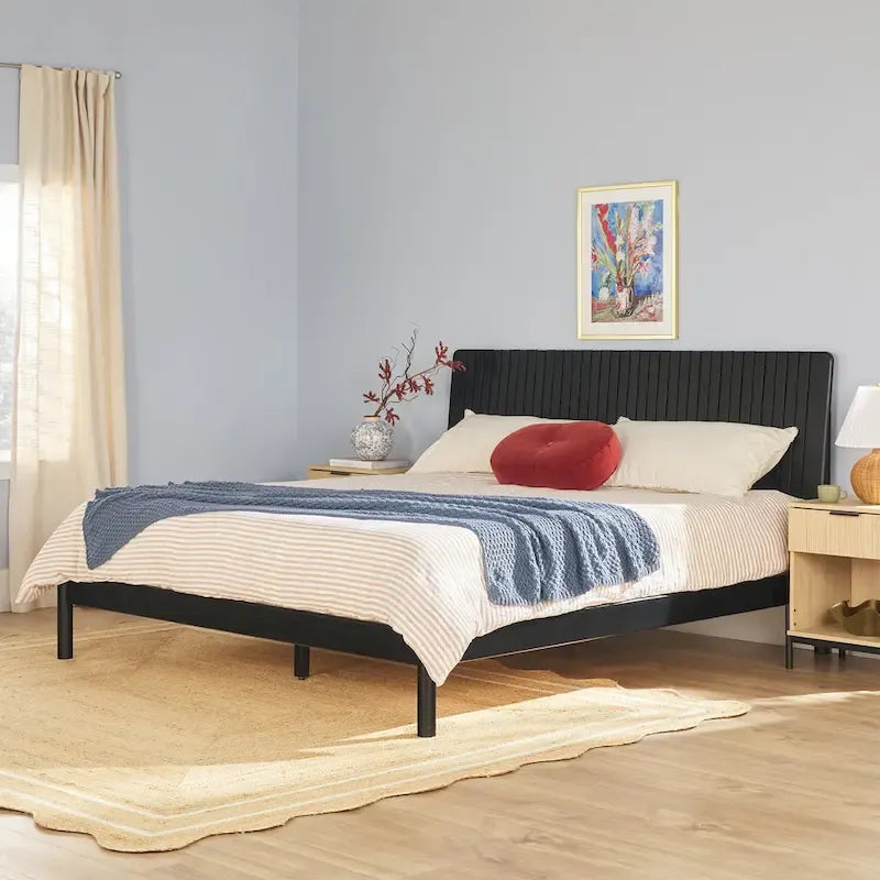 Slatted Headboard Modern King Platform Bed Frame - Wood Slat Support, No Box Spring Needed