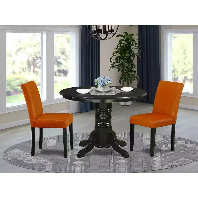 Coastal Dining Set 3Pc Round Table & 2 Chairs - 42 Table - PU Leather - Black Legs - HomeStock