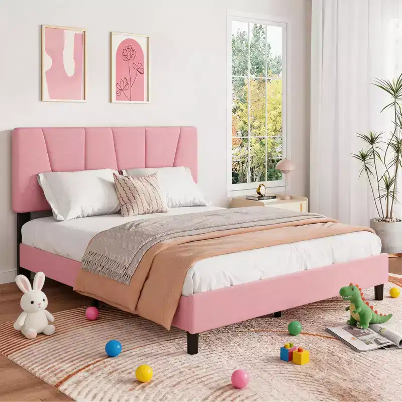 Coolmee Full Size Upholstered Platform Bed Frame with Adjustable Headboard Heavy Duty Wooden Slats Noise Free No Box Spring Needed Ideal