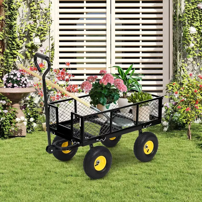 Garden Wagon Cart - Heavy Duty Steel Yard Utility Cart with Removable Sides & All Terrain Tires for Lawn/Farm (1-Piece)