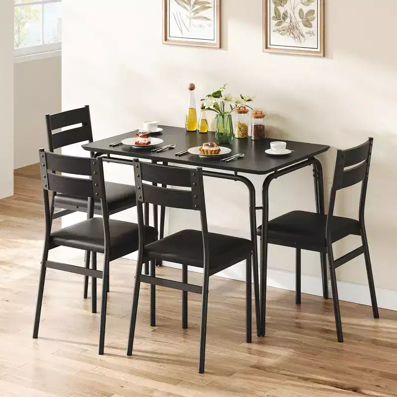 5-Piece Farmhouse Dining Table Set, Wood Table & PU Chairs for Small Spaces