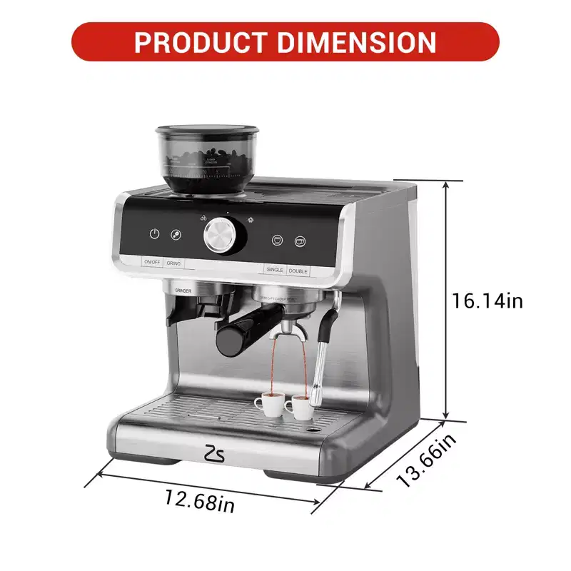 20 Bar Espresso Machine w/ Grinder  PID Temp Control, Milk Frother, 2.8L Water Tank, Silver