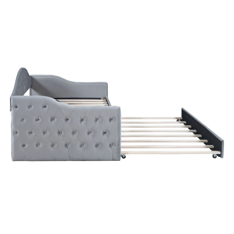 Twin Size Tufted Upholstered Daybed with Trundle �C Velvet Sofa Bed with USB & Type-C Charging Ports, No Box Spring Needed