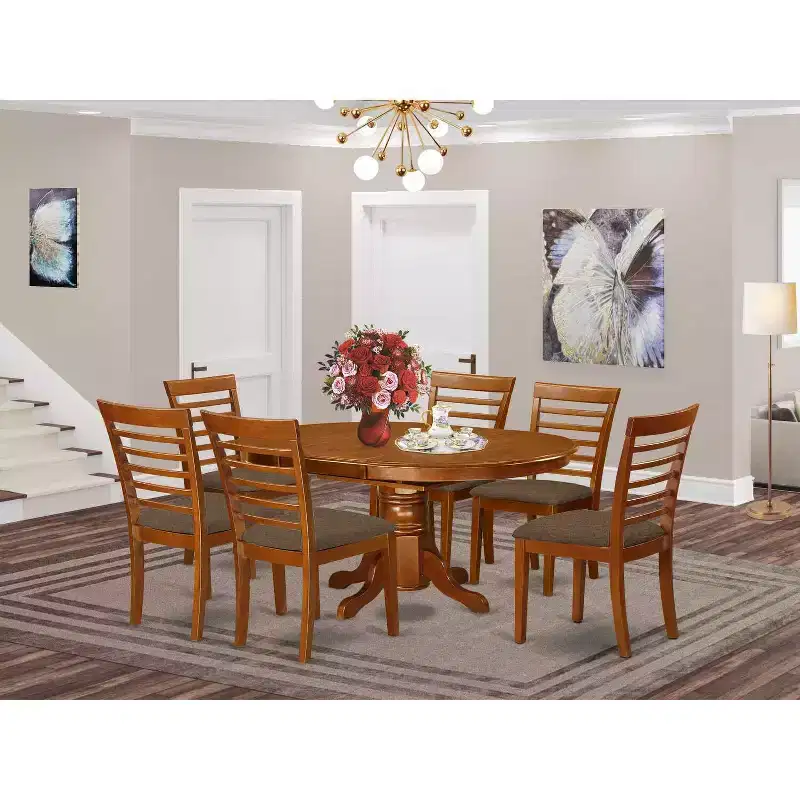 7-Piece Oval Saddle Brown Finish Solid Wood Top Dining Table with 6-Chairs with
