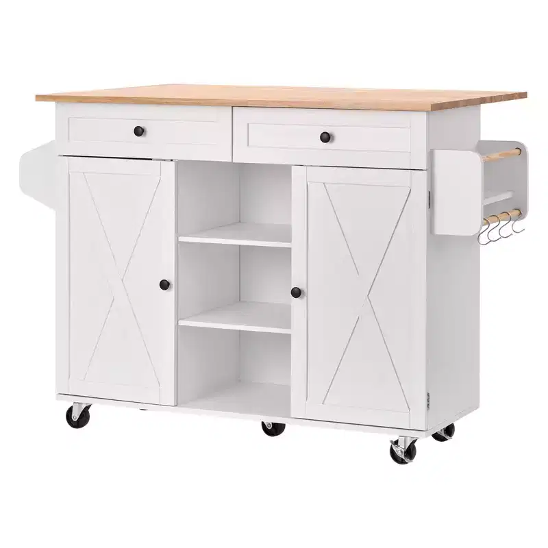 VEVOR Kitchen Island Cart, with Solid Wood Top and Storage Cabinet, Mobile Rolling Table with Drop Leaf, Drawers, 52in Width, White