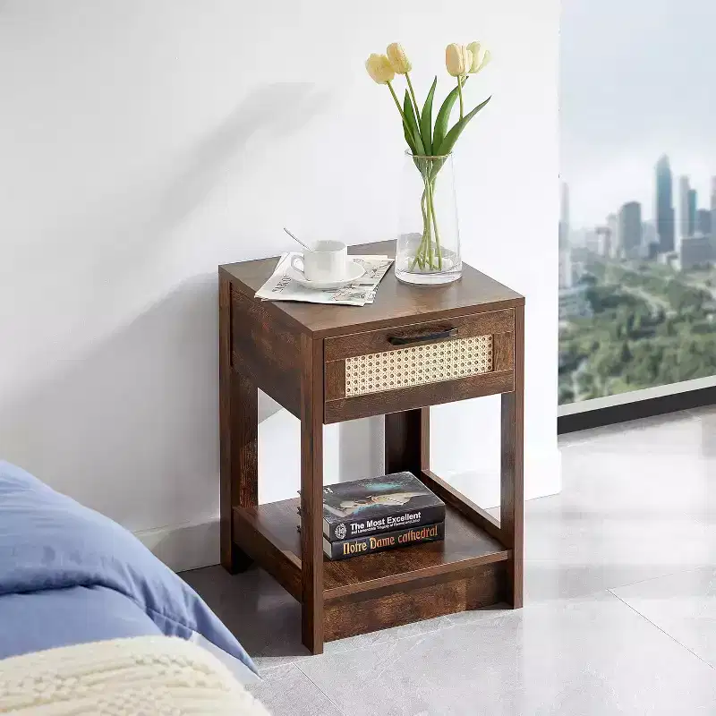 Black Rattan Nightstand with Drawer 15.75 Inch Modern Side Table for Bedroom & Living Room