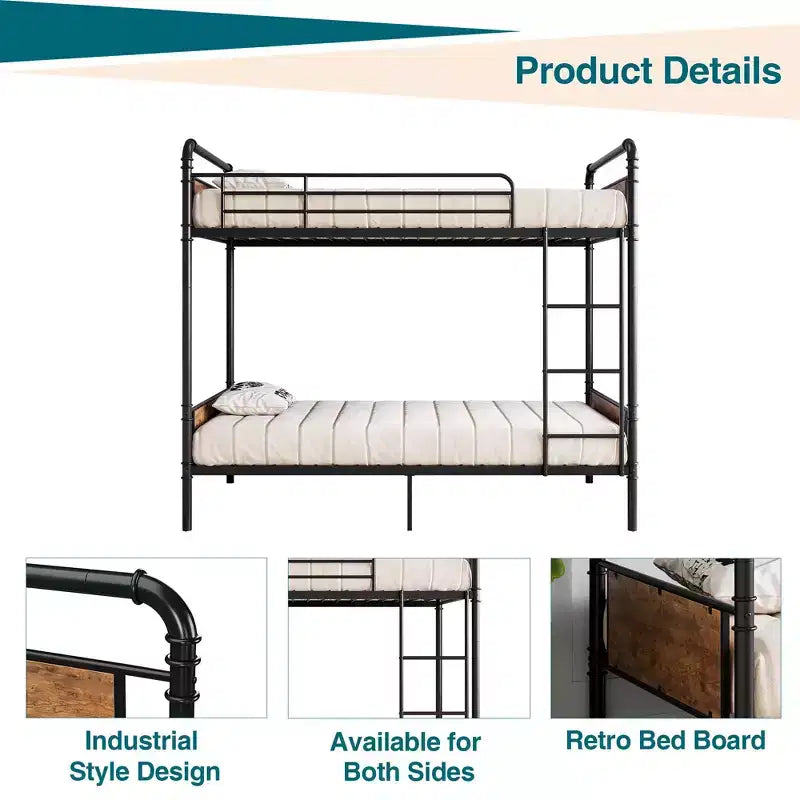 Twin Bunk Bed, Heavy Duty Industrial Metal Bunkbeds with Safety Guard Rails, Convertible to Two Beds