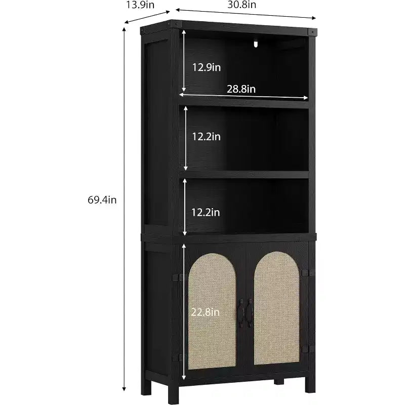 70-Inch Bookshelf with Rattan Door Cabinet, 3-Tier Open Shelves, Black