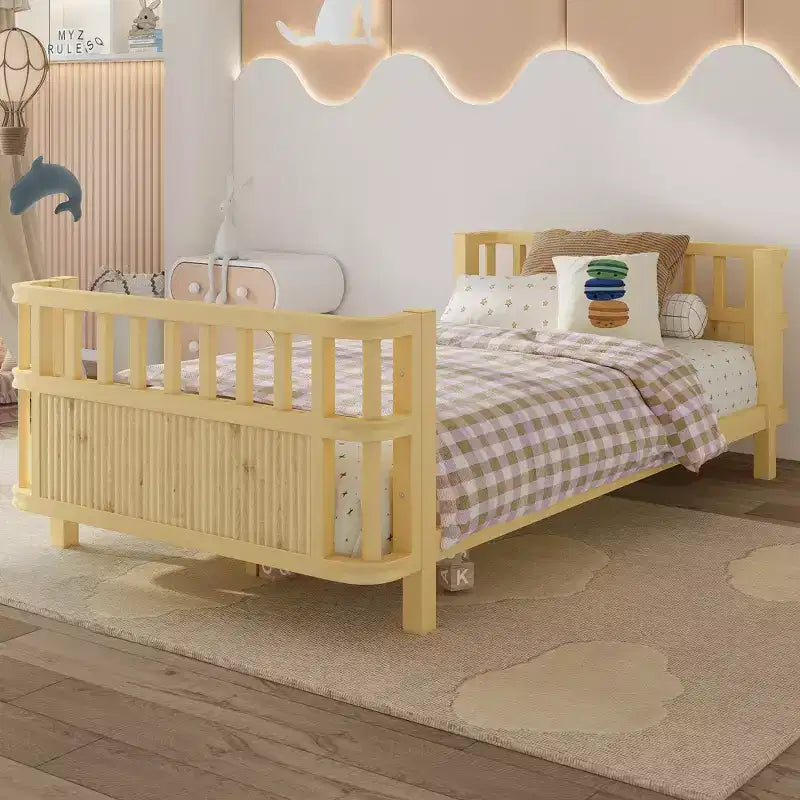 Okak Modern Twin/Full Iron Bed Frame Daybeds with Railings,Wooden Platform Bed for Kids Room,Bedroom,No Box Spring Needed