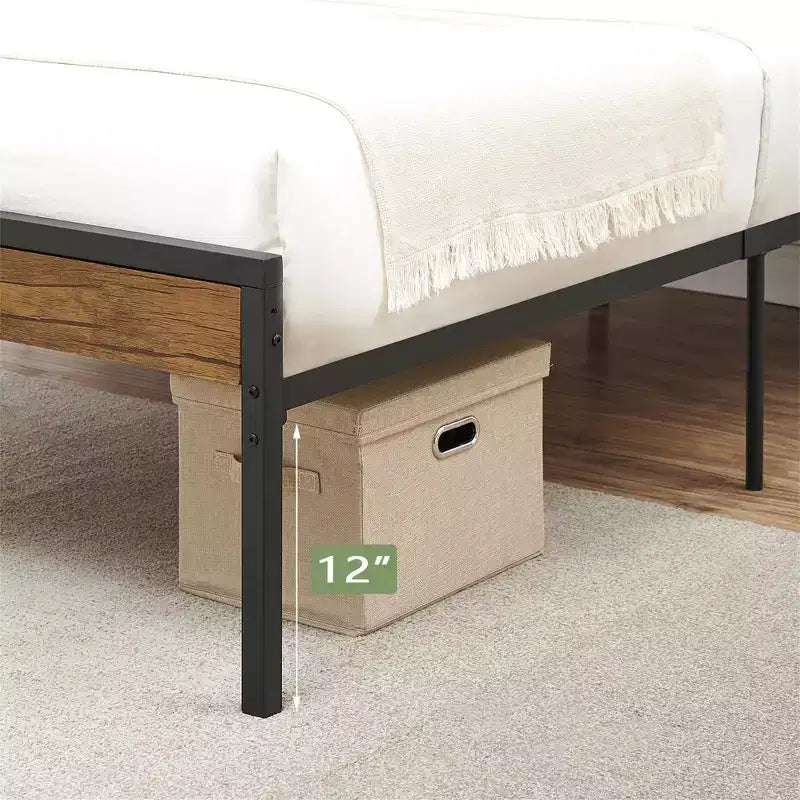 Rustic Farmhouse Platform Bed Frame  Wood Headboard & Footboard, Metal-Wood Slats, Underbed Storage, No Box Spring Needed