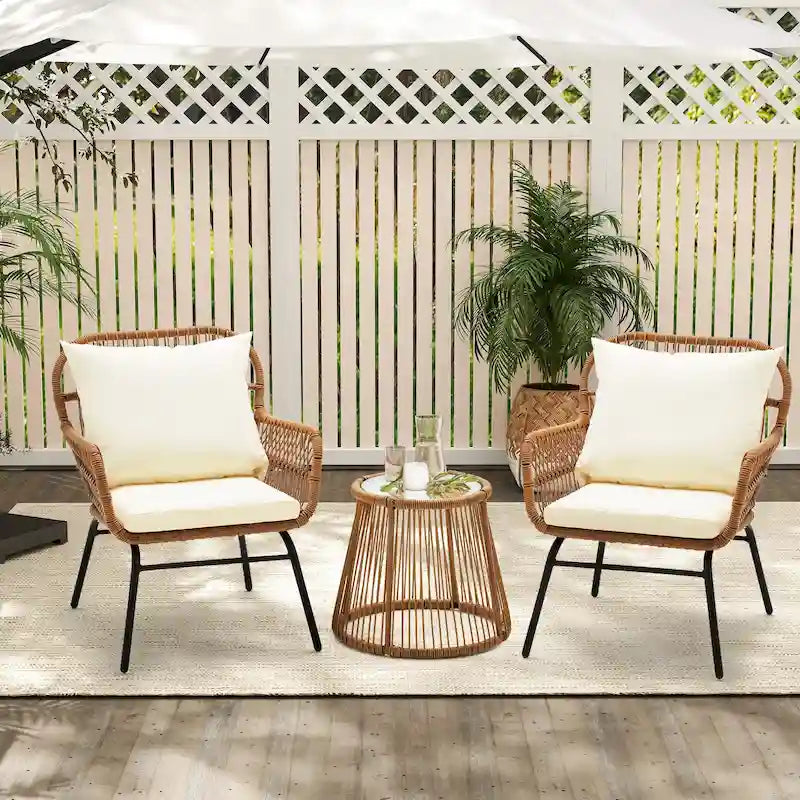 3-Piece Patio Conversation Bistro Set, Outdoor Rattan Furniture Set with Glass Table & 2 Wide Armchairs, Seat Cushions