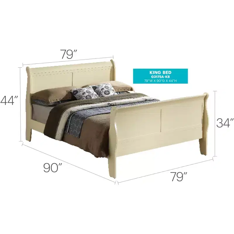 Passion Furniture Louis Philippe King Sleigh Wood Bed with High Footboard