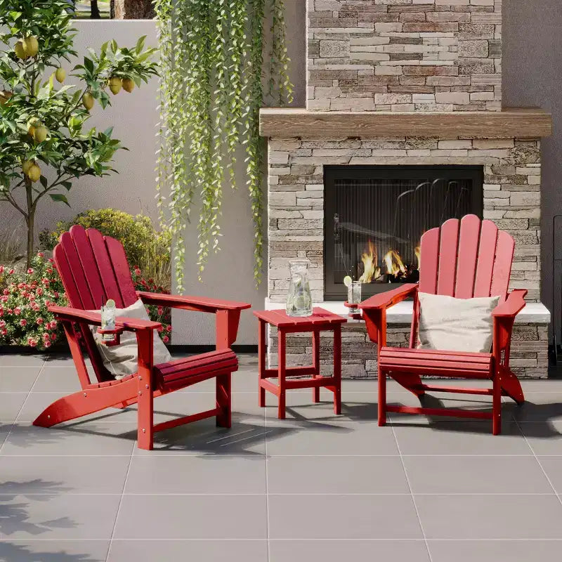 WestinTrends Highland 3-Piece Outdoor Patio HDPE Adirondack Chair With Cup Holder and Table Set, Red
