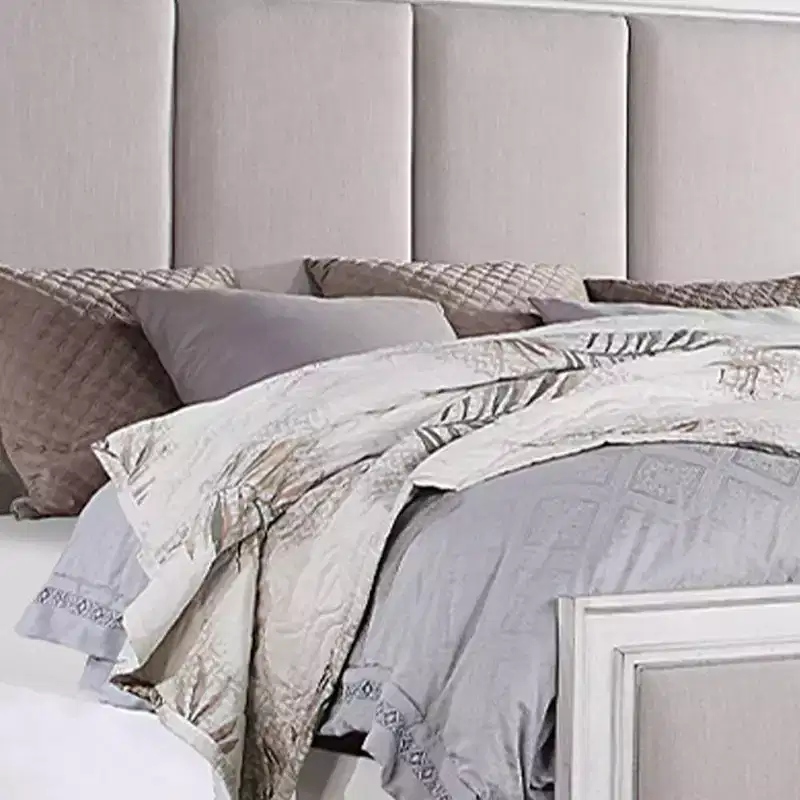88 Eastern King Bed Katia Bed Light Gray Linen, Rustic Gray Weathered White Finish - Acme Furniture