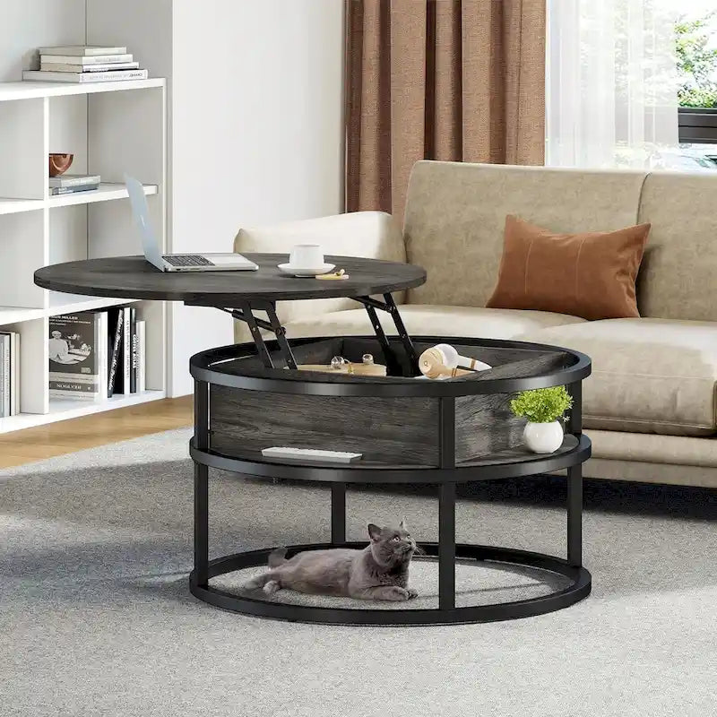 Farmhouse Lift Top Round Coffee Table with Hidden Storage and Shelf