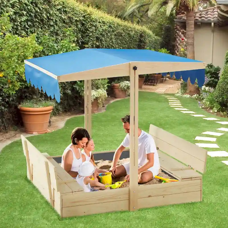 EROMMY Children's Wooden Sandbox with Two Folding Bench Seats and Adjustable Canopy Roofblue