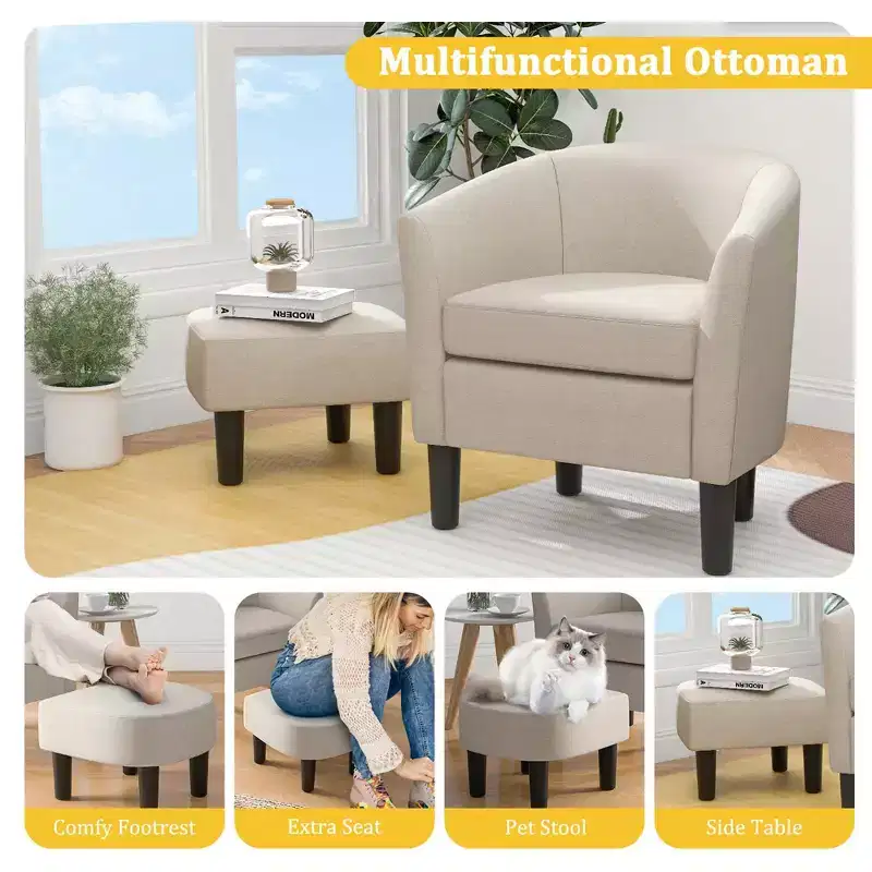 Costway Barrel Club Chair with Ottoman Set Footrest Curved Back & Removable Seat Cushion Grey/Beige