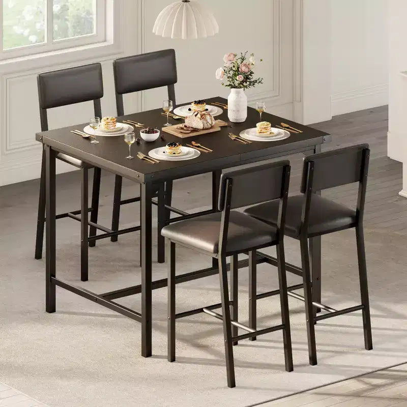 Dining Table Set for 4,Footrest & Backrest,Counter Height Table with 4 Upholstered Bar Stools,with Corner Protector, for Kitchen,Pub,Dining Room