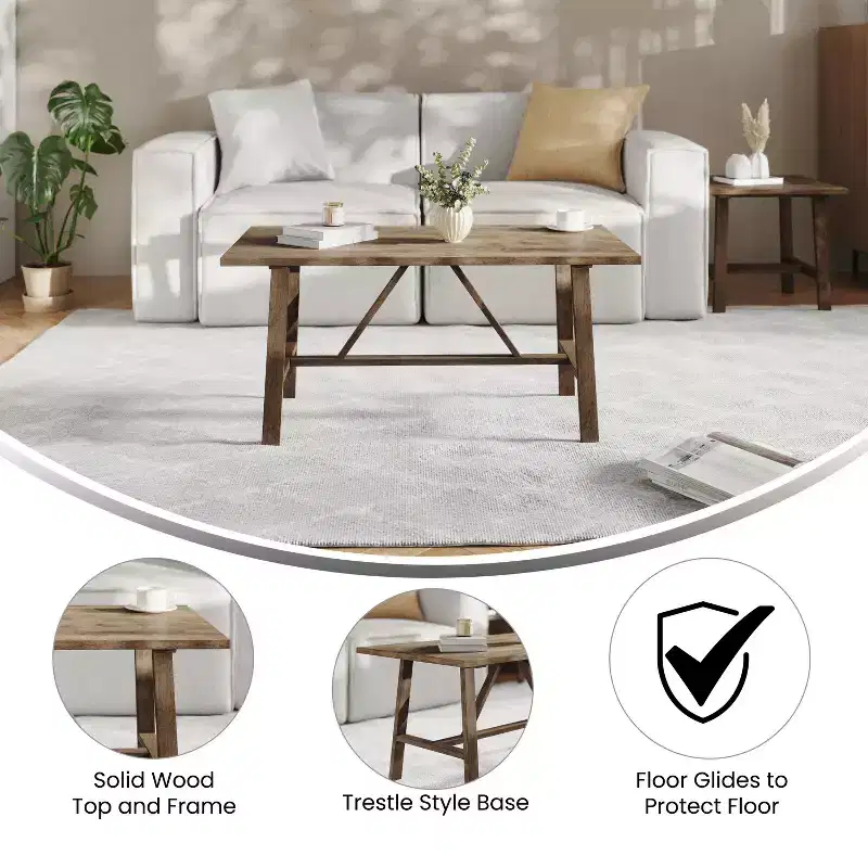 Flash Furniture Eli Solid Wood Farmhouse Coffee Table, Trestle Style Accent Table