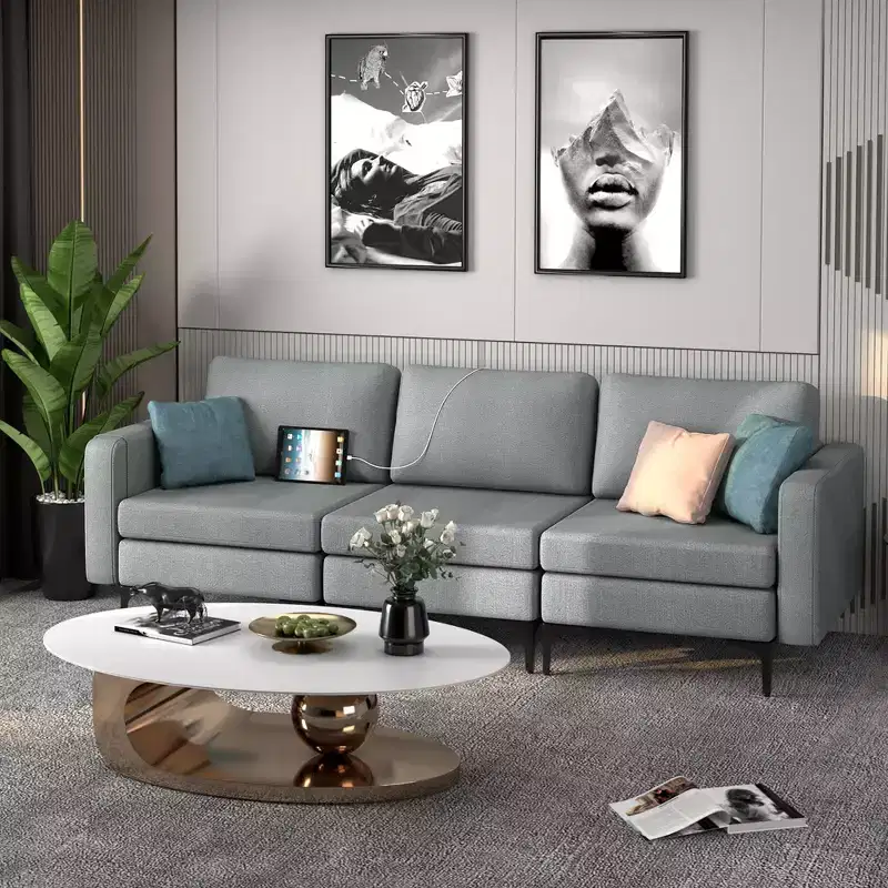 Costway Modular 3-Seat Sofa Couch w/ Socket USB Ports & Side Storage Pocket Orange\Dark Grey