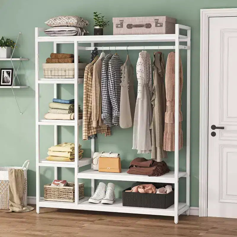 Lantine Free Standing Wood Closet Clothes Rack, Heavy Duty Garment Rack with Shelves for Bedroom, Wardrobe Organizer, 350 lb Capacity