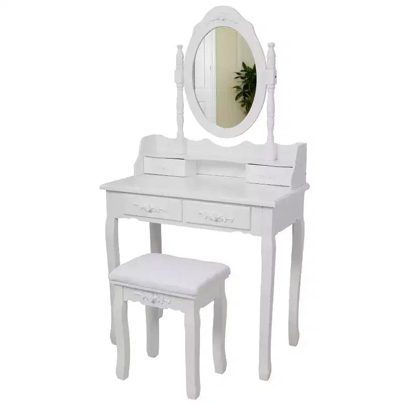Modern Makeup Vanity Desk with Mirror, 4 Drawers, Matching Stool for Girls' Rooms, White Finish, Space-Saving Design