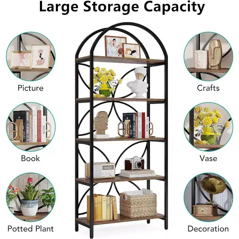 Tribesigns 5-Tier Open Bookshelf, 74.8 Arched Bookcase Display Rack with Metal Frame