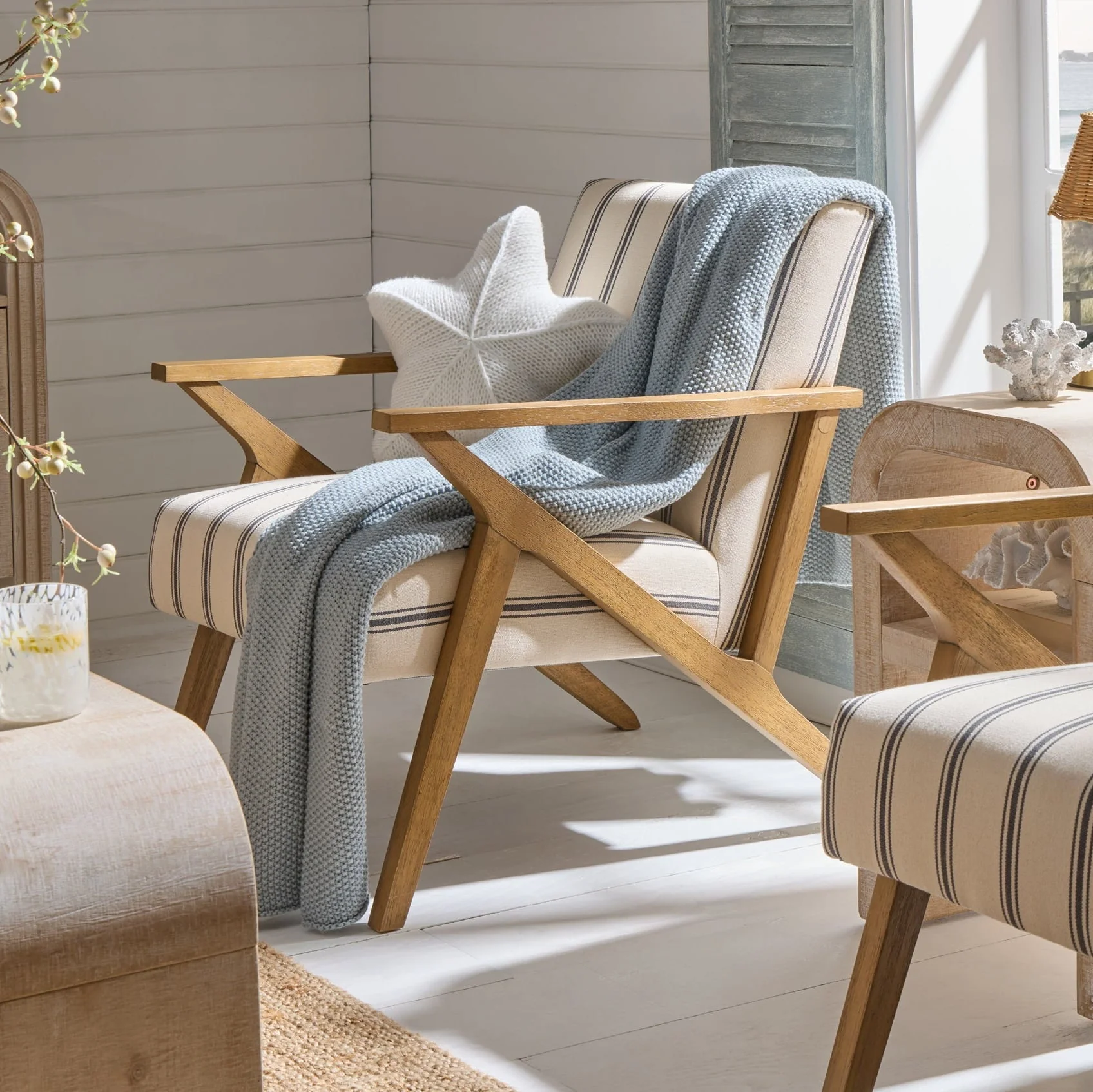 Coastal Blue Stripe Fabric Accent Chair with Relaxed Design for Living Room