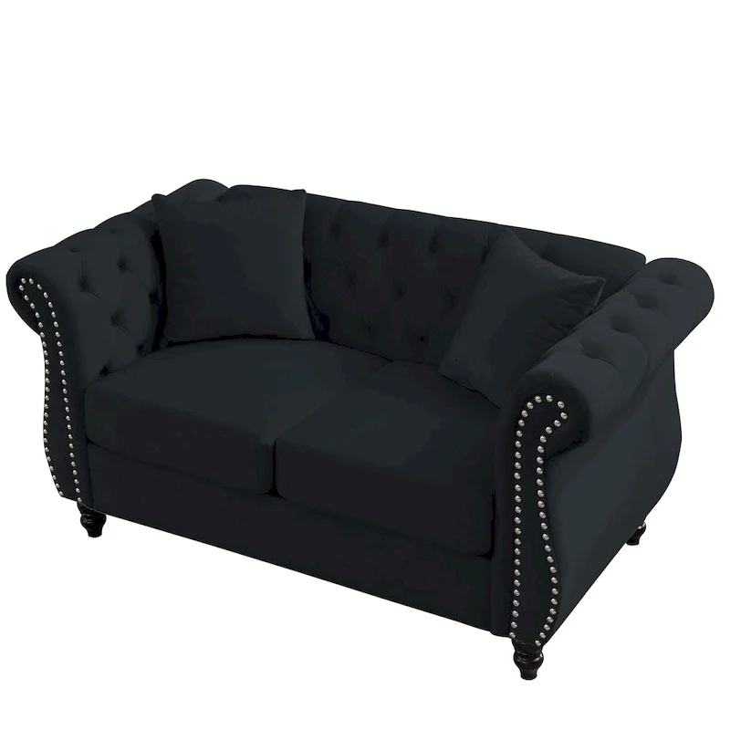 2-Seater Chesterfield Sofa with Rolled Arms and Nailhead Trim – Black Velvet