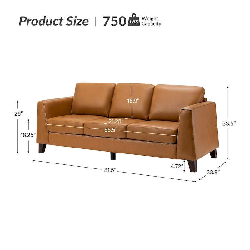 81.5 Inch Genuine Leather Tuxedo Arm Sofa with Solid Wood Legs