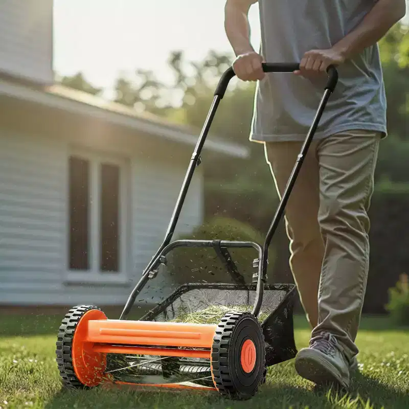 14 in Push Reel Lawn Mower Manual Walk Behind Mower with 5 Steel Blades Adjustable Height and Grass Catcher