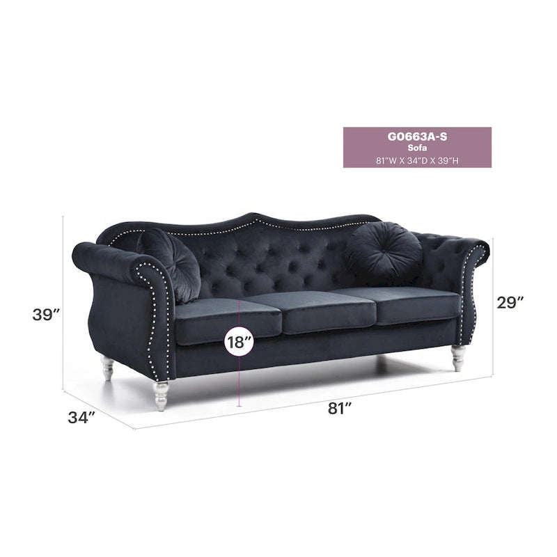 82 in. Velvet Chesterfield 3-Seater Sofa with Tufted Back and Nailhead Trim