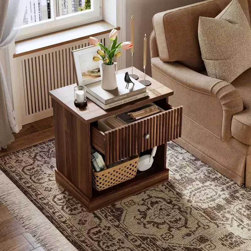 Dresser, Nightstand  Fluted 1-Drawer Bedside Table, Farmhouse End Cabinet with Storage for Bedroom, Living Room