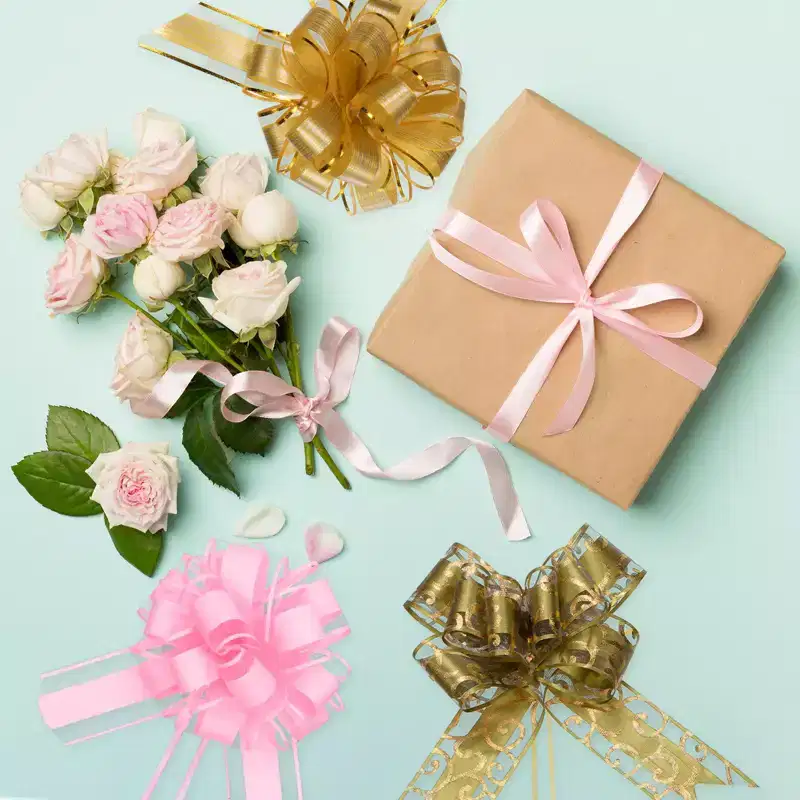 Unique Bargains Plastic Flower Ribbon Satin Gift Bow Pull Bows 12 Pcs