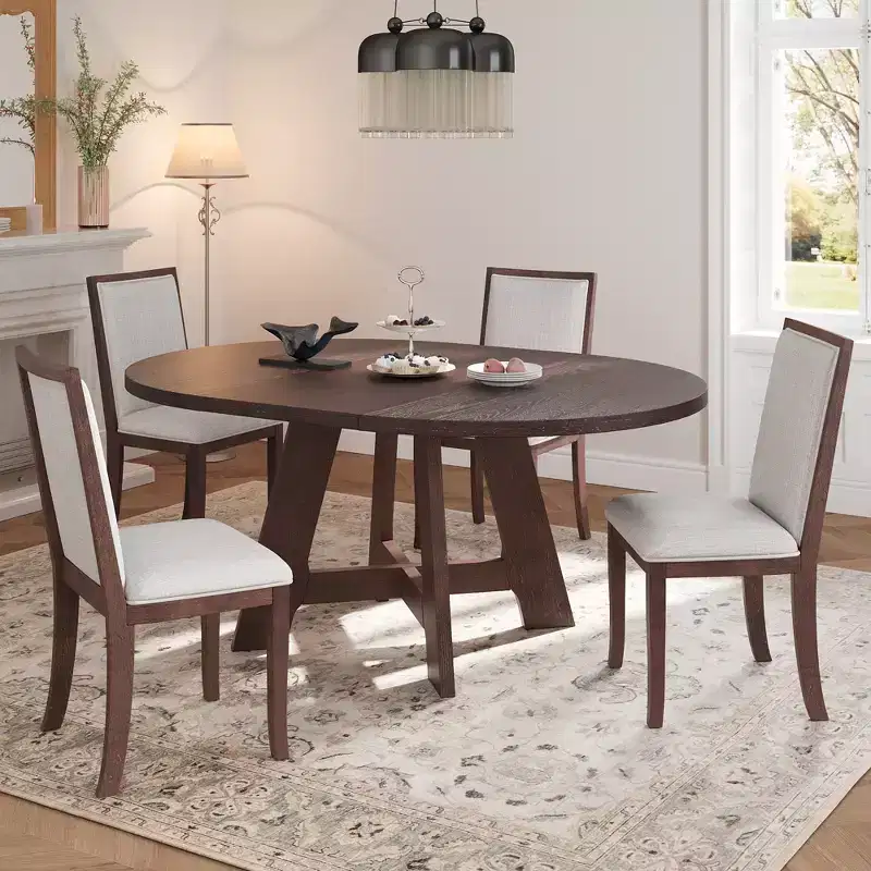 Farmhouse Extendable Round Dining Table Set for 4, Kitchen Table Set with Removable Leaf and 4 Upholstered Dining Chairs