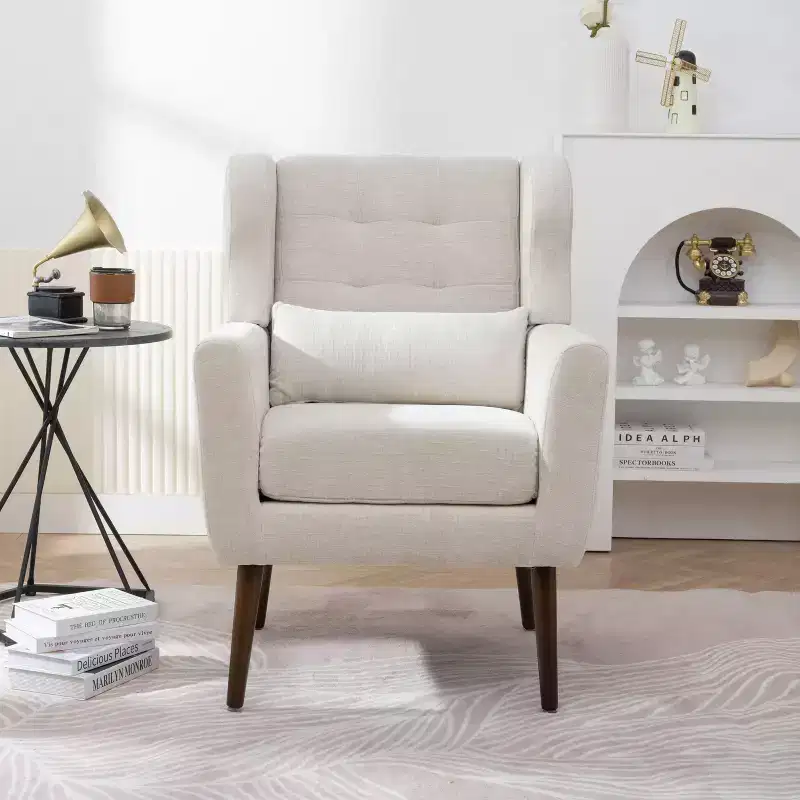 Chenille Accent Chair, Modern Lounge Armchair with Throw Pillow, Ergonomic Back, Tapered Wood Legs, Reading Chair for Living Room, Bedroom