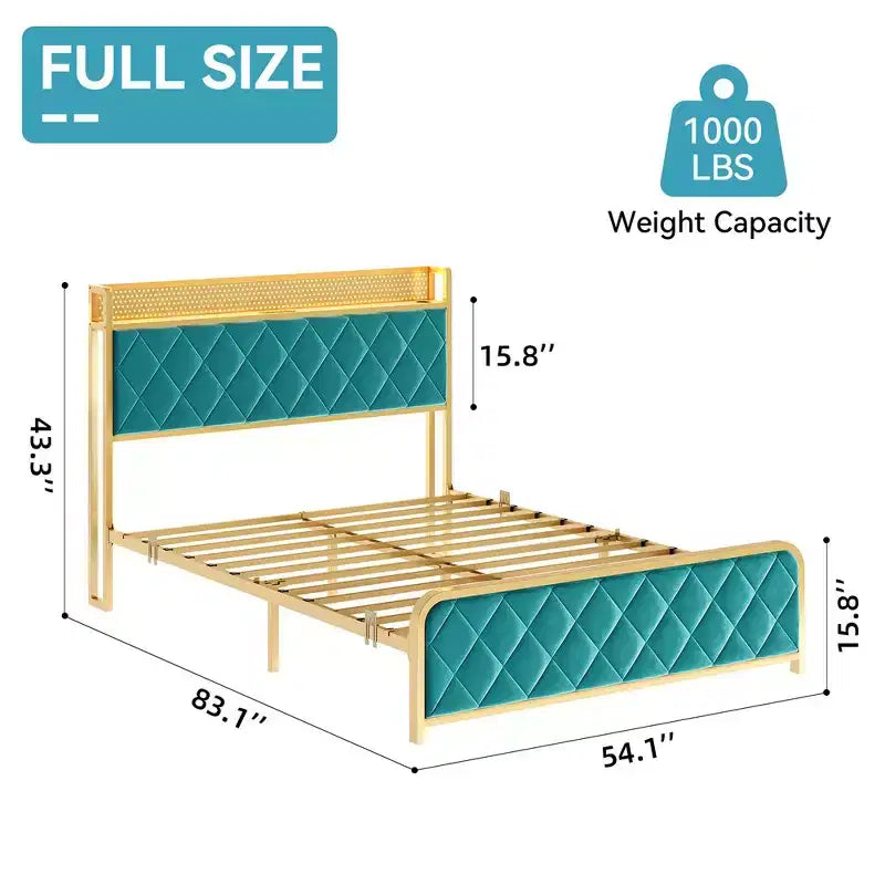 Bed Frame with Storage Headboard, Velvet Bed Frame with Charging Station, LED Light
