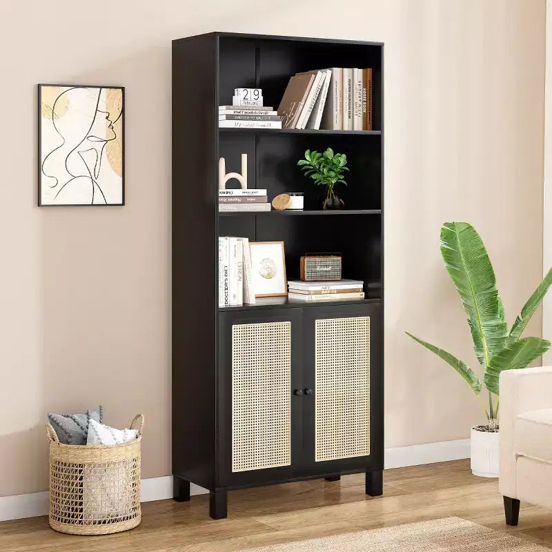 Tall Decorative Bookshelf with Rattan Doors, Multi-Functional Display Case Storage Cabinet for Living Room or Home Office-Panipeachy