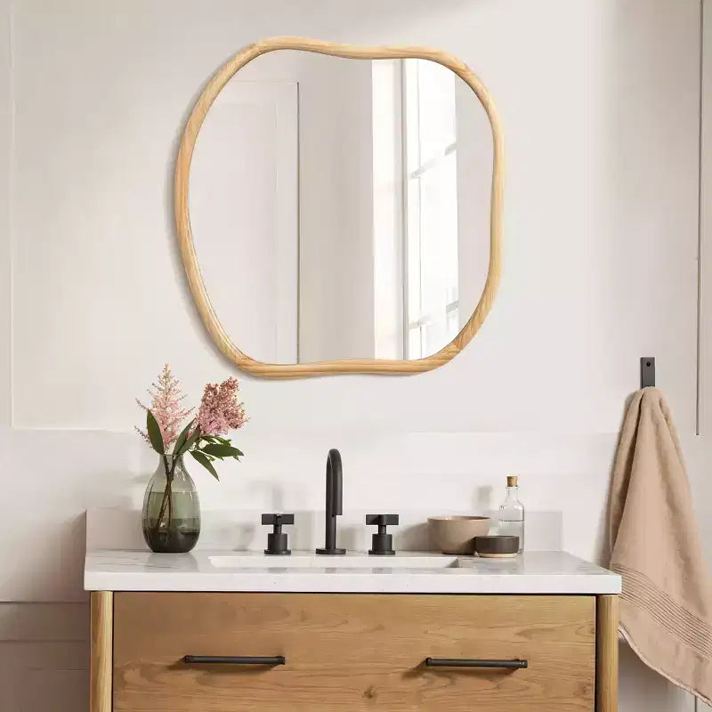 LuxenHome Natural Pine Wood Frame Square Irregular Wall Mirror, Accent and Vanity Brown