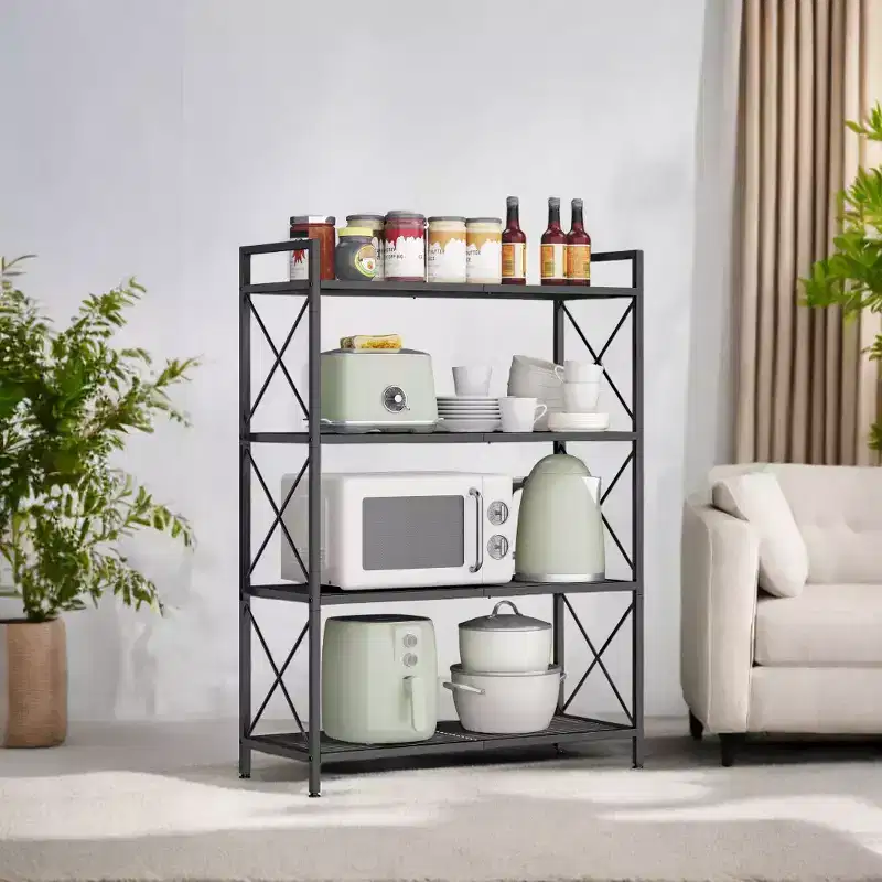 Ink Black 4-Tier Metal Storage Shelving Unit with X Side Bars, Single User