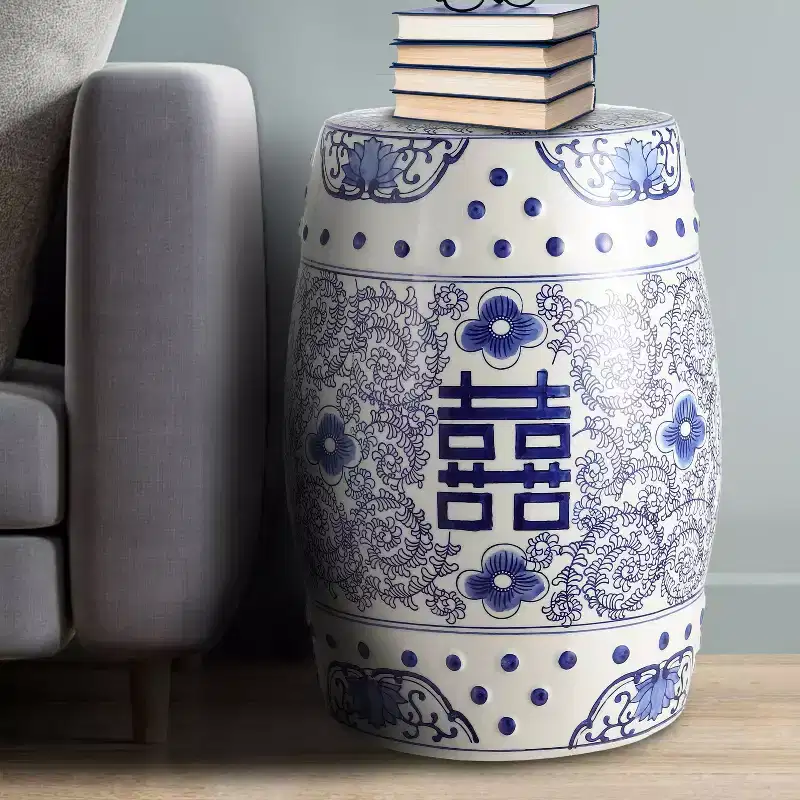 JONATHAN Y Double Happiness 18 Chinoiserie Ceramic Drum Garden Stool/Accent Table
