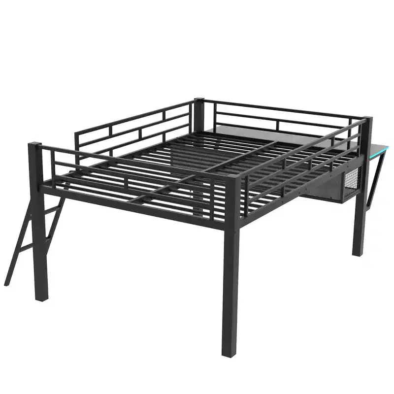 Whisen 92.8''L x 41.7''W Gaming Style Black Metal Loft Bed with Built in Desk, Ladder and Shelf