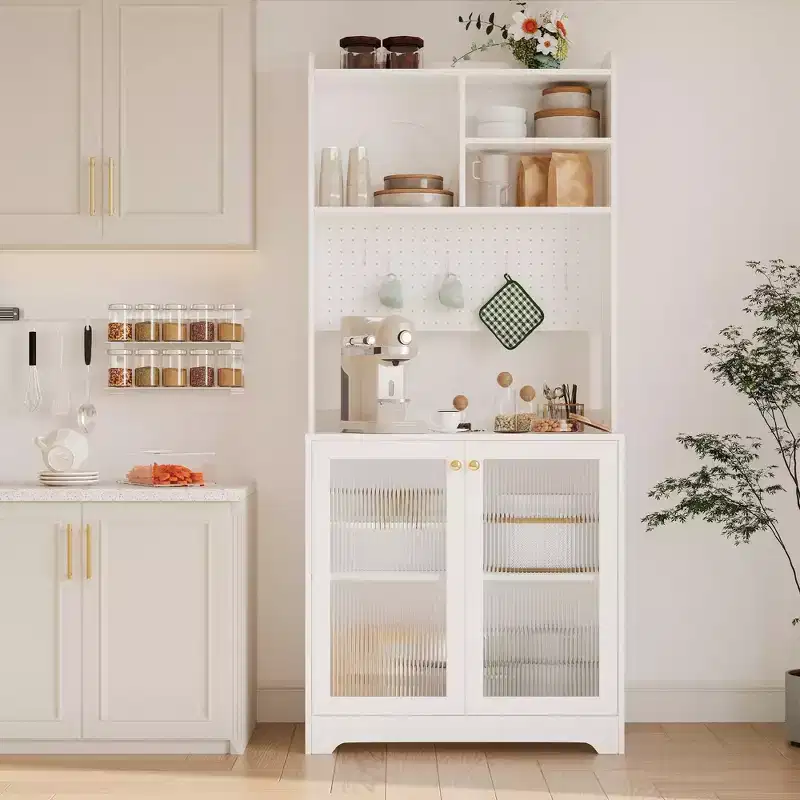71 Tall Pantry Cabinet with 2 Glass Doors, Freestanding Kitchen Storage Cabinet with Adjustable Shelves, Farmhouse Cupboard Coffee Bar