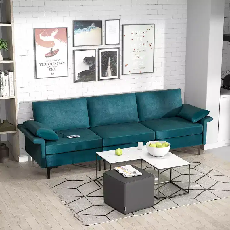 Costway Modern Modular Fabric 3-Seat Sofa Couch with Socket USB Ports & Metal Legs Grey/Blue